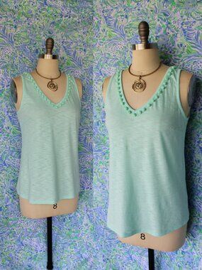 Lilly Pulitzer GIGI pom pom trim Teal aqua pima cotton tank top camisole tunic